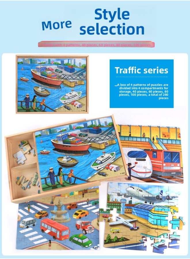 Wooden Cartoon 4 In 1 Wooden Boxed Puzzle Early Education Puzzle Children's Cartoon Characters Puzzle Toys Outlet-Color:Traffic - Image 1