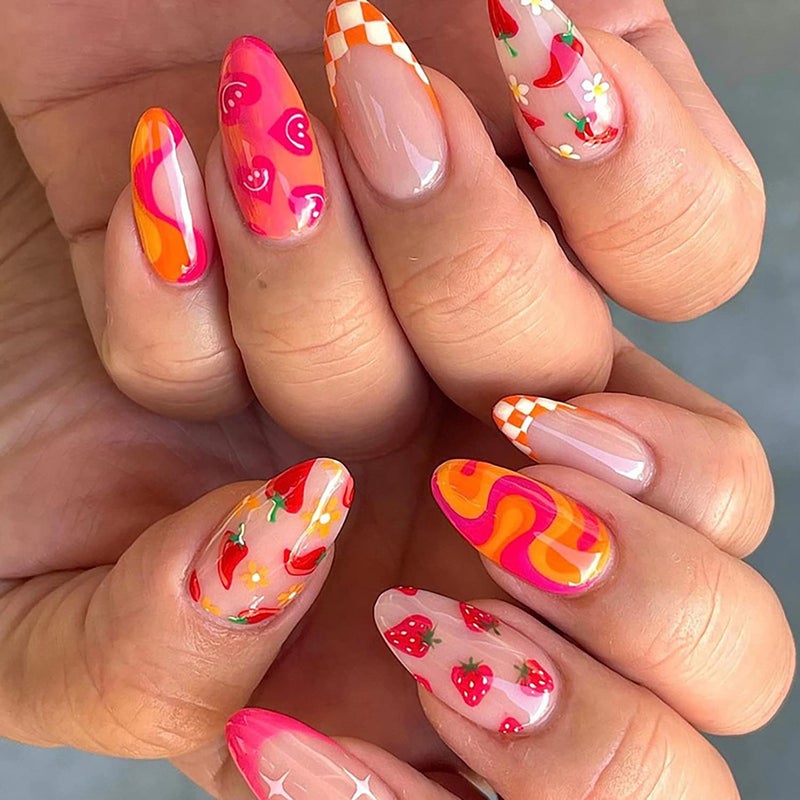 TBRZTR 24 pcs Press on Nails Almond Medium Artificial Acrylic Fake Nails with Fruit Colorful Swirl Patterns Designs Full Cover Reusable Coffin False Nails Set Women Glue on Nails Stick on Nails for Nail Art - Image 1