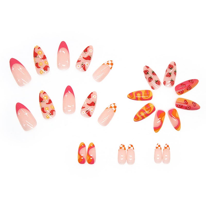 TBRZTR 24 pcs Press on Nails Almond Medium Artificial Acrylic Fake Nails with Fruit Colorful Swirl Patterns Designs Full Cover Reusable Coffin False Nails Set Women Glue on Nails Stick on Nails for Nail Art - Image 2