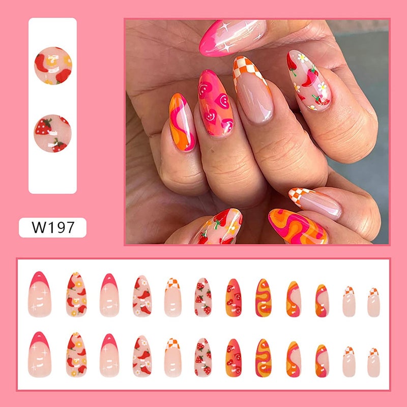 TBRZTR 24 pcs Press on Nails Almond Medium Artificial Acrylic Fake Nails with Fruit Colorful Swirl Patterns Designs Full Cover Reusable Coffin False Nails Set Women Glue on Nails Stick on Nails for Nail Art - Image 4