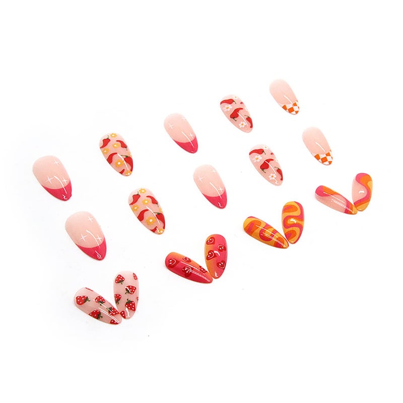 TBRZTR 24 pcs Press on Nails Almond Medium Artificial Acrylic Fake Nails with Fruit Colorful Swirl Patterns Designs Full Cover Reusable Coffin False Nails Set Women Glue on Nails Stick on Nails for Nail Art - Image 3