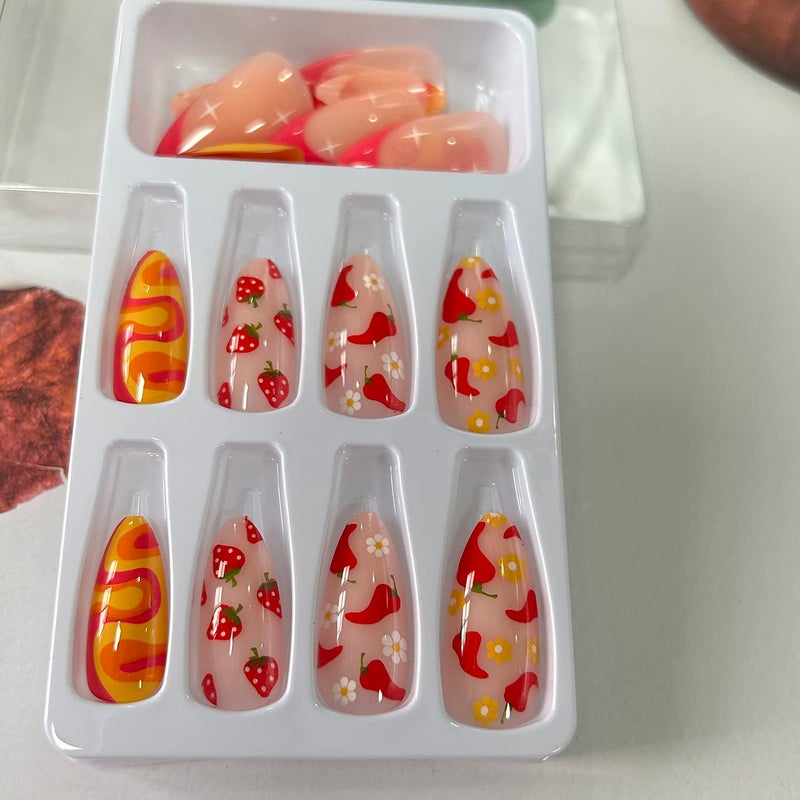 TBRZTR 24 pcs Press on Nails Almond Medium Artificial Acrylic Fake Nails with Fruit Colorful Swirl Patterns Designs Full Cover Reusable Coffin False Nails Set Women Glue on Nails Stick on Nails for Nail Art - Image 5