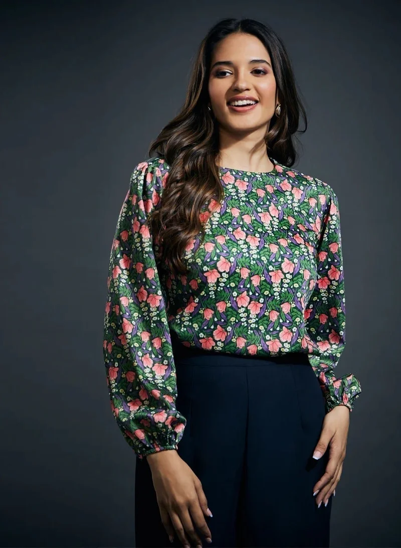 Zigzag Floral Shirred Cuff Top