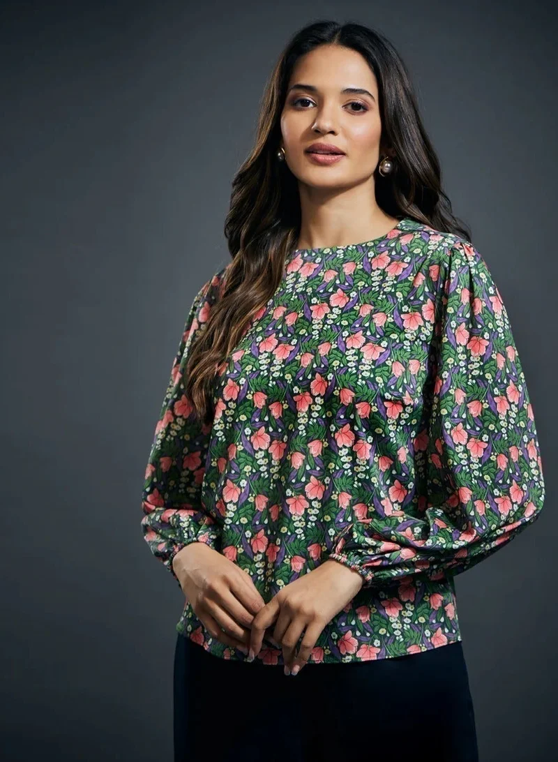 Zigzag Floral Shirred Cuff Top