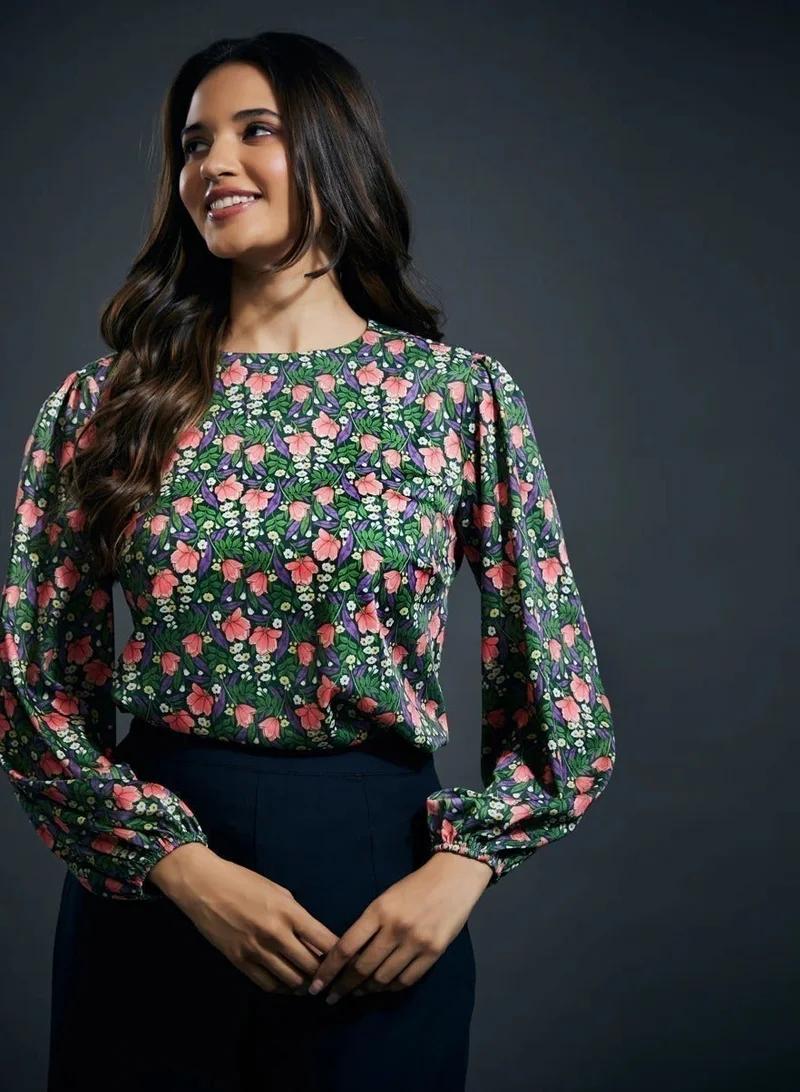 Zigzag Floral Shirred Cuff Top