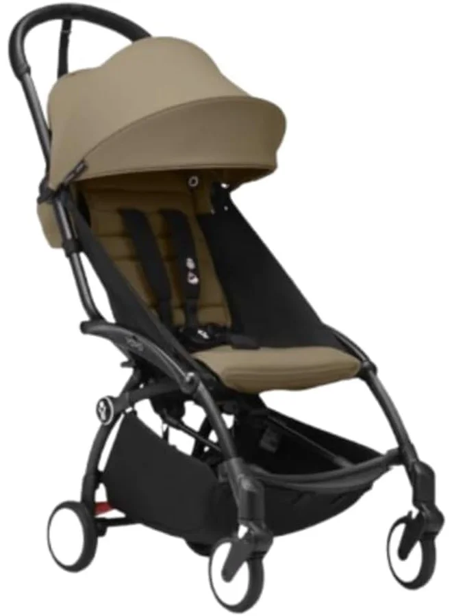 STOKKE YOYO3 Stroller from 6M+ - Black Frame + Seat Cushion + Canopy - Folds In & Out in a Flash - Light & Compact - Carry-On Compatible - Toffee