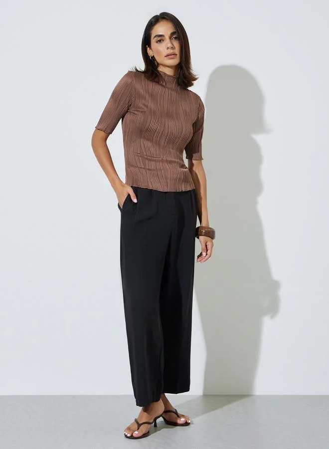 Styli Brown Textured High Neck Knit Top