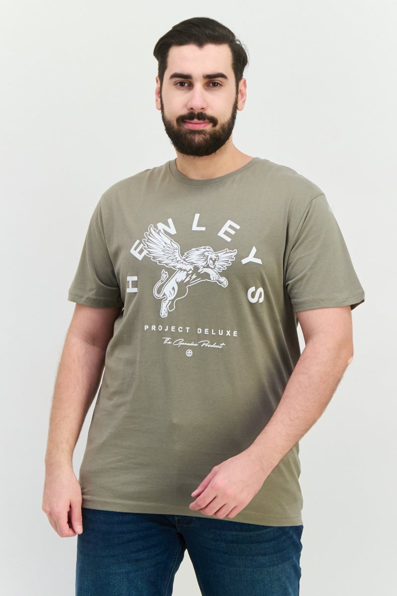 Henleys Men Round Neck Short Sleeves Brand Logo T-Shirt, Dusty Olive - Image 1