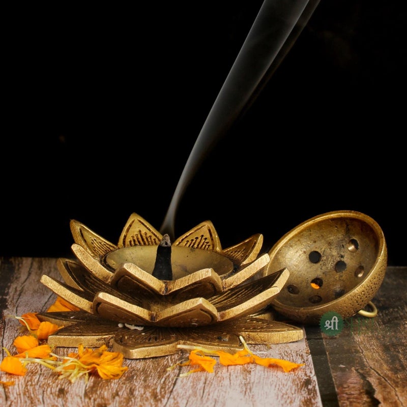 INDICAST Brass Lotus Shape Dhuni Loban Incense Burner Pooja Dhoop for Temple 4x4x4 cm - Image 2