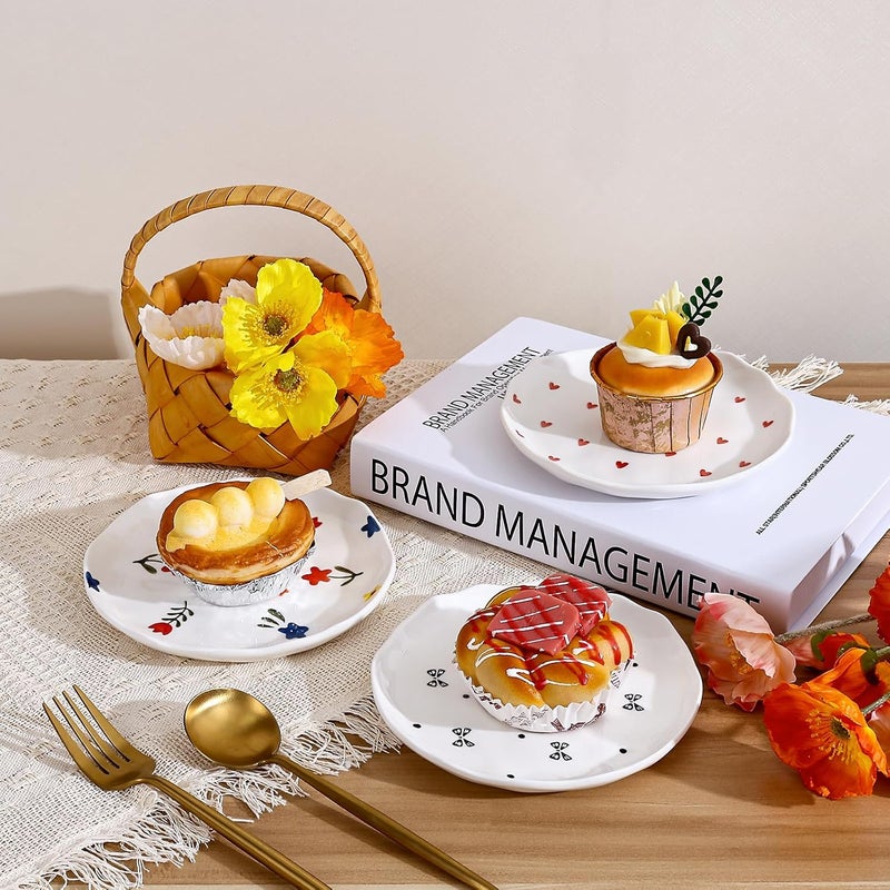 Koythin Ceramic Dessert Plates Cute Fruits Dinner Plate Creative Plates Design Printed Flowers Dinnerware for Office and Home Kitchen Plates for Desserts Black Small Bow - Image 4