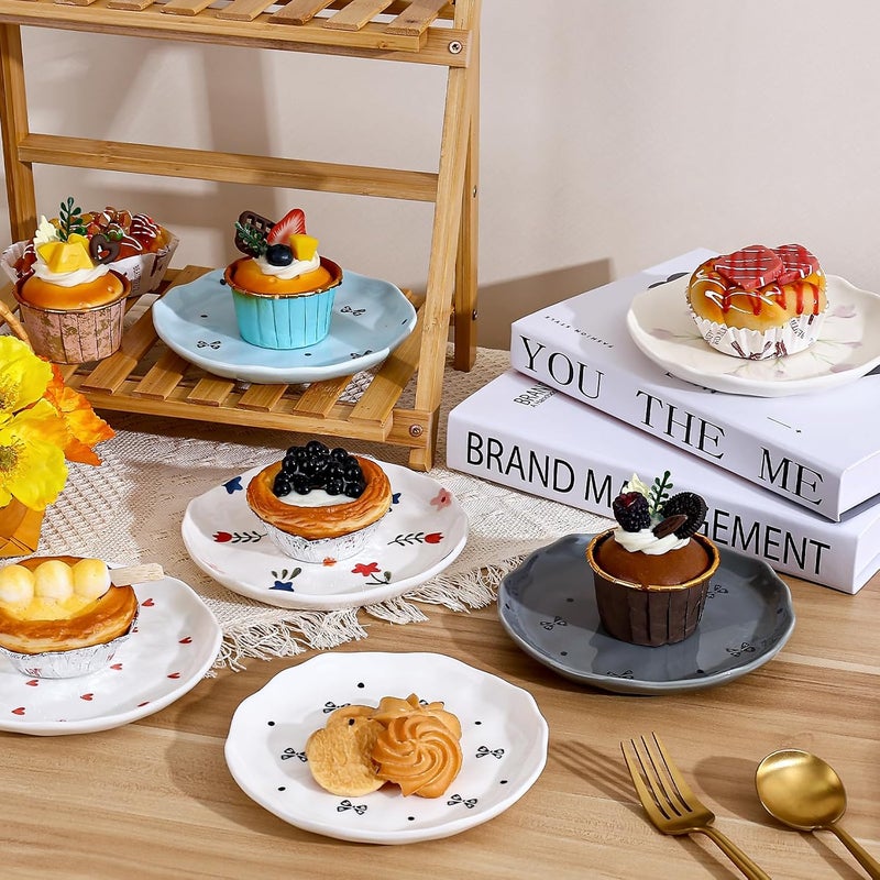 Koythin Ceramic Dessert Plates Cute Fruits Dinner Plate Creative Plates Design Printed Flowers Dinnerware for Office and Home Kitchen Plates for Desserts Black Small Bow - Image 3