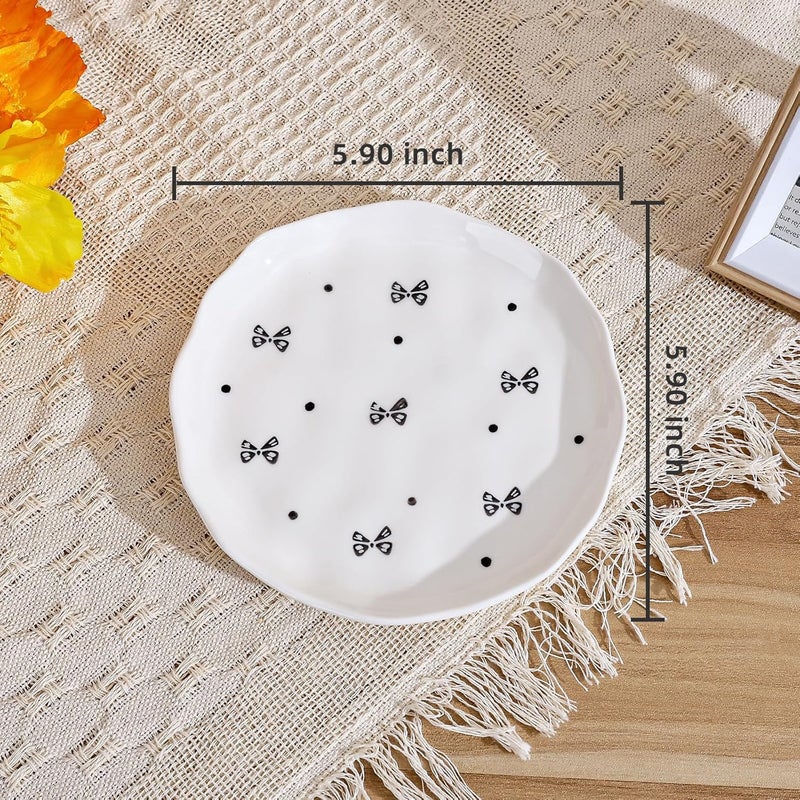 Koythin Ceramic Dessert Plates Cute Fruits Dinner Plate Creative Plates Design Printed Flowers Dinnerware for Office and Home Kitchen Plates for Desserts Black Small Bow - Image 2