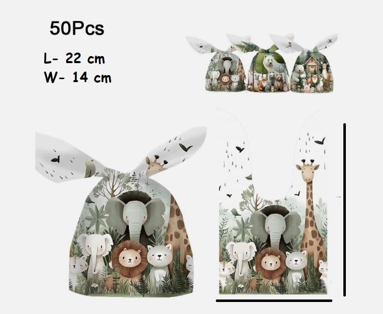 KRIWIN Party Favour Gift Bags, Self-Tying Design, Cartoon Prints, Pack of 50, Kids Birthday Return Gifts (Grey Animals) - Image 4