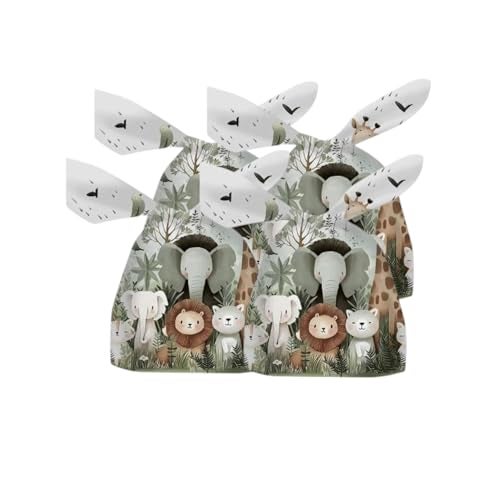 KRIWIN Party Favour Gift Bags, Self-Tying Design, Cartoon Prints, Pack of 50, Kids Birthday Return Gifts (Grey Animals) - Image 1