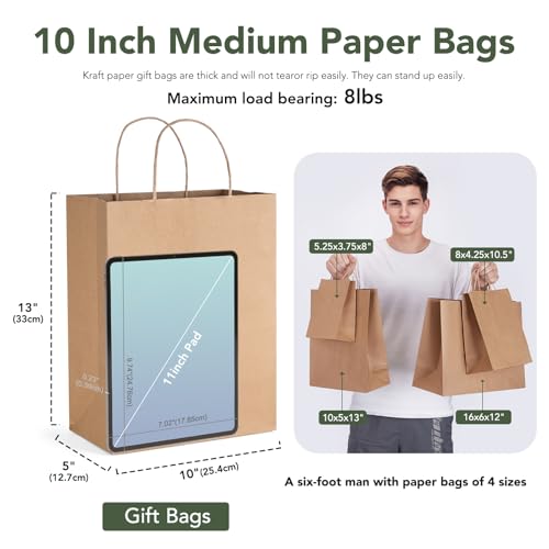 GSSUSA 10x5x13 100Pcs Brown Paper Bags with Handles, Bulk Shopping Grocery Paper Bags, Party Favor, Retail, Small Business, Packaging, Merchandise, Boutique, Wedding - Image 2