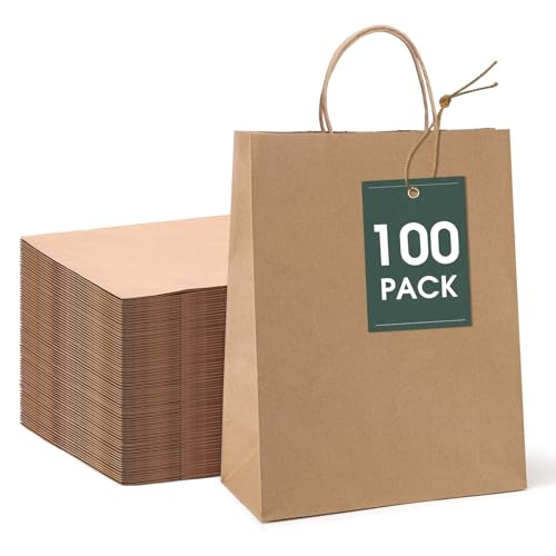 GSSUSA 10x5x13 100Pcs Brown Paper Bags with Handles, Bulk Shopping Grocery Paper Bags, Party Favor, Retail, Small Business, Packaging, Merchandise, Boutique, Wedding - Image 1