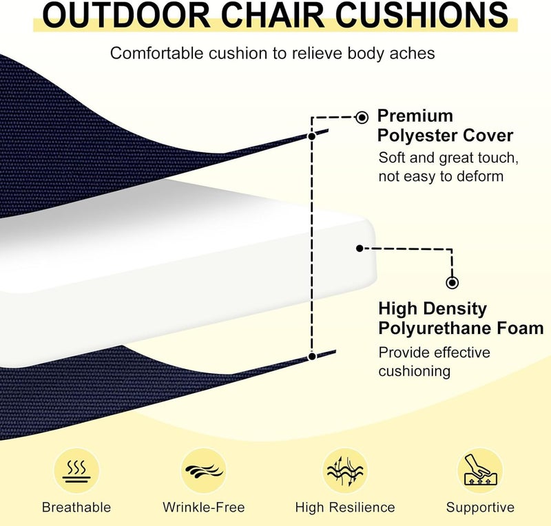 downluxe Outdoor Chair Cushions Set of 4 for Patio Furniture, Water-Resistant Patio Chair Cushions with Ties, High Density Foam Outdoor Seat Cushion, 17" X 16" X 2", Navy - Image 2