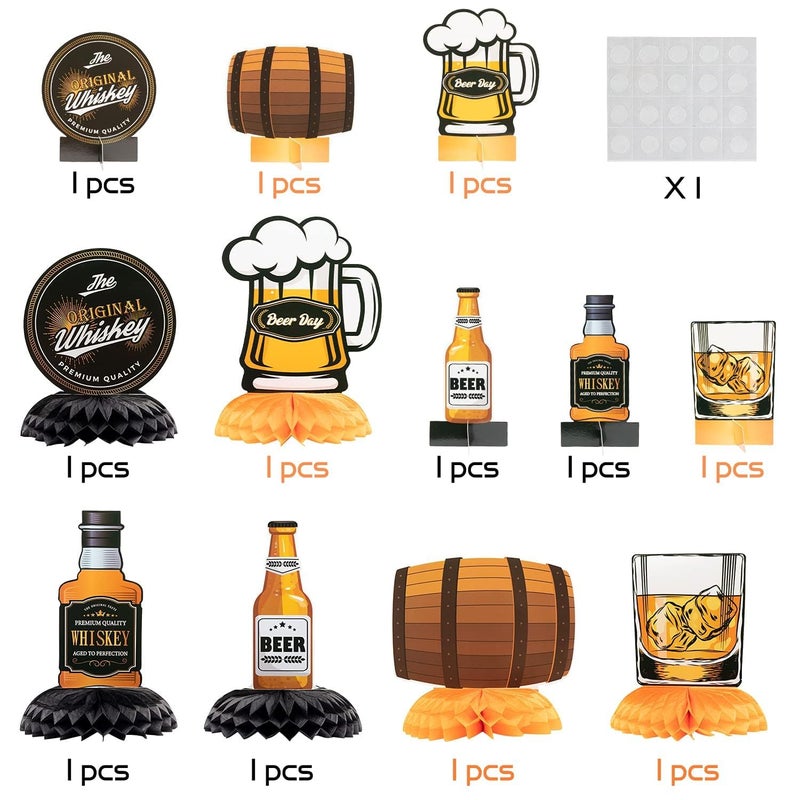 ANGOLIO Whiskey Beer Table Centerpieces - 12Pcs Whiskey Honeycomb Table Topper for Men Table Centerpiece 40th 50th 60th Birthday Party Family Photo Booth Props - Image 3