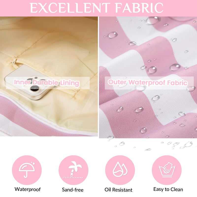 fauson Beach Bags for Women - Large Beach Tote Bag Waterproof Sandproof with Zipper, Swiming Pool Bag (Pink) - Image 4