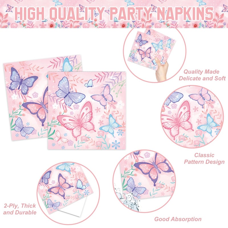LINHAXM 178 PCS Butterfly Birthday Party Supplies Disposable Paper Plates, Napkins, Cups, Cutlery, Tablecloth, Banner, and Hanging Swirl for Butterfly Birthday Decorations, Serves 25 - Image 4