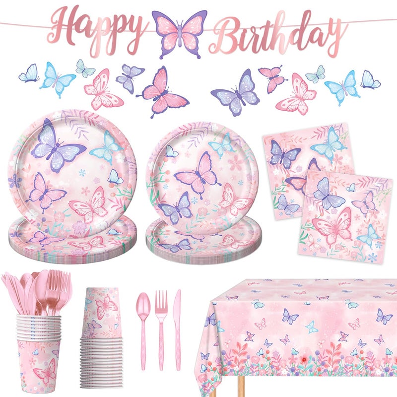 LINHAXM 178 PCS Butterfly Birthday Party Supplies Disposable Paper Plates, Napkins, Cups, Cutlery, Tablecloth, Banner, and Hanging Swirl for Butterfly Birthday Decorations, Serves 25 - Image 1