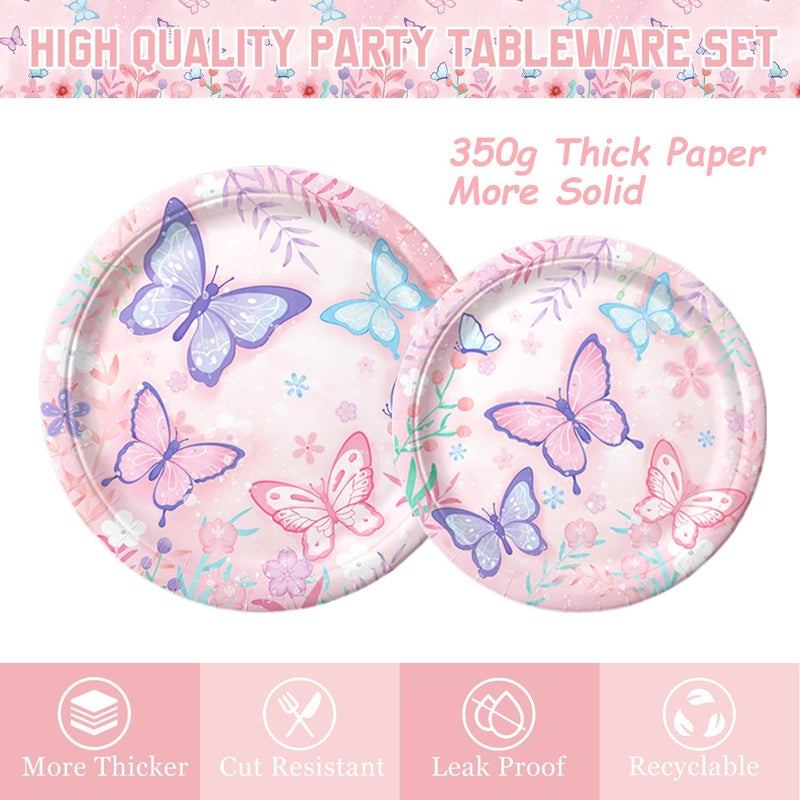 LINHAXM 178 PCS Butterfly Birthday Party Supplies Disposable Paper Plates, Napkins, Cups, Cutlery, Tablecloth, Banner, and Hanging Swirl for Butterfly Birthday Decorations, Serves 25 - Image 3