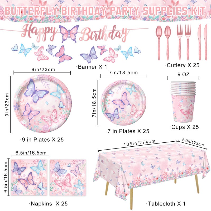 LINHAXM 178 PCS Butterfly Birthday Party Supplies Disposable Paper Plates, Napkins, Cups, Cutlery, Tablecloth, Banner, and Hanging Swirl for Butterfly Birthday Decorations, Serves 25 - Image 2