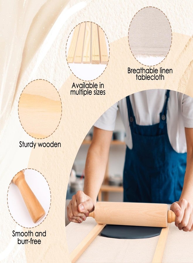 Ahier 12 Pcs Pottery Tools Teaching Set, Include17in Slab Roller for Clay Pottery and 10 Pcs 5 Size Wooden Rolling Pin Guides, 1 Linen Tablecloth for Ceramic Clay Making - Image 3