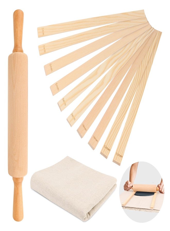 Ahier 12 Pcs Pottery Tools Teaching Set, Include17in Slab Roller for Clay Pottery and 10 Pcs 5 Size Wooden Rolling Pin Guides, 1 Linen Tablecloth for Ceramic Clay Making - Image 1