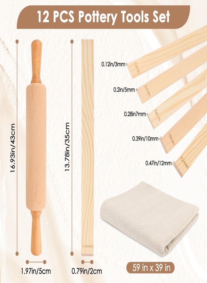 Ahier 12 Pcs Pottery Tools Teaching Set, Include17in Slab Roller for Clay Pottery and 10 Pcs 5 Size Wooden Rolling Pin Guides, 1 Linen Tablecloth for Ceramic Clay Making - Image 2