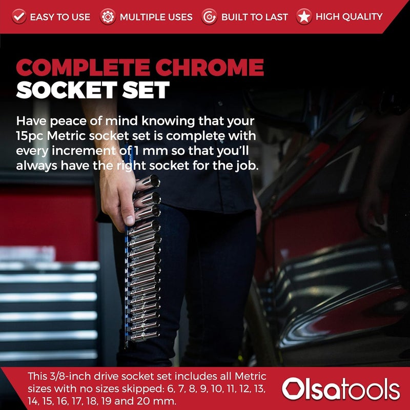 Olsa Tools Metric Deep Socket Set - 3/8-Inch Drive, 15pc - 6-Point Chrome Sockets from 6mm–20mm and No Skipped Sizes - Mechanic Deep Metric Socket Set - Professional Grade Long Sockets - Part: 1316 - Image 2
