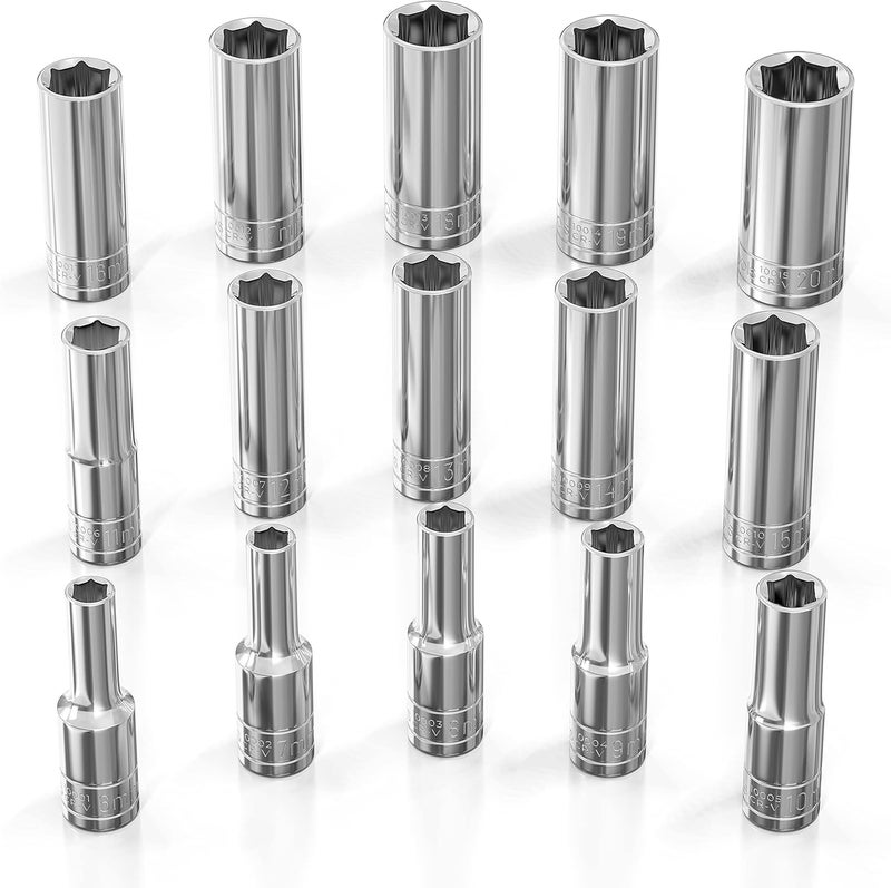 Olsa Tools Metric Deep Socket Set - 3/8-Inch Drive, 15pc - 6-Point Chrome Sockets from 6mm–20mm and No Skipped Sizes - Mechanic Deep Metric Socket Set - Professional Grade Long Sockets - Part: 1316 - Image 1
