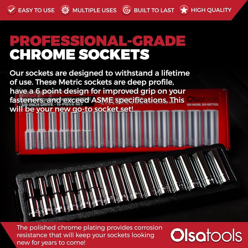 Olsa Tools Metric Deep Socket Set - 3/8-Inch Drive, 15pc - 6-Point Chrome Sockets from 6mm–20mm and No Skipped Sizes - Mechanic Deep Metric Socket Set - Professional Grade Long Sockets - Part: 1316 - Image 5