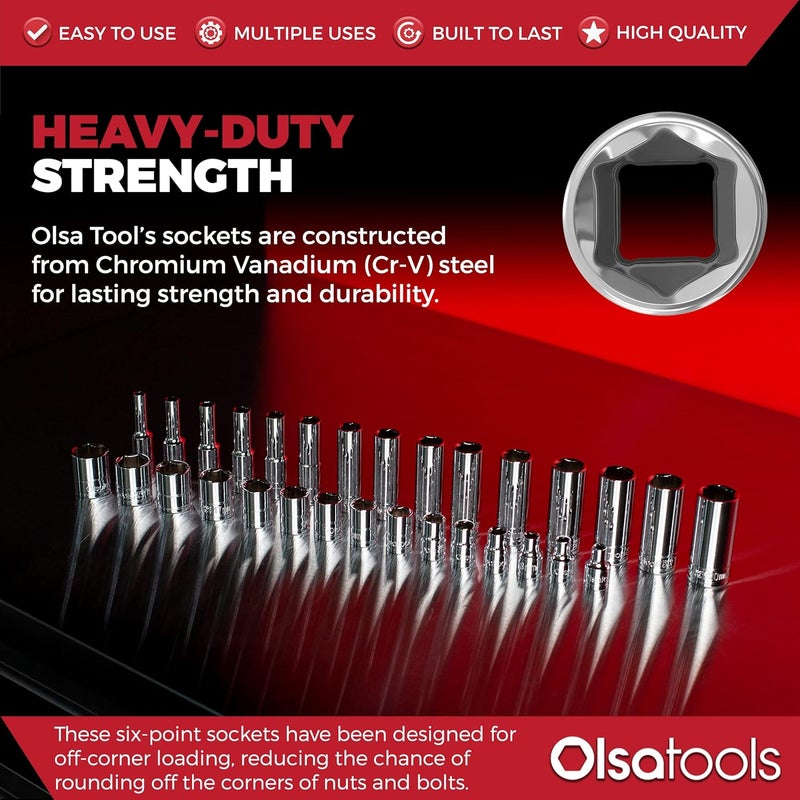 Olsa Tools Metric Deep Socket Set - 3/8-Inch Drive, 15pc - 6-Point Chrome Sockets from 6mm–20mm and No Skipped Sizes - Mechanic Deep Metric Socket Set - Professional Grade Long Sockets - Part: 1316 - Image 4