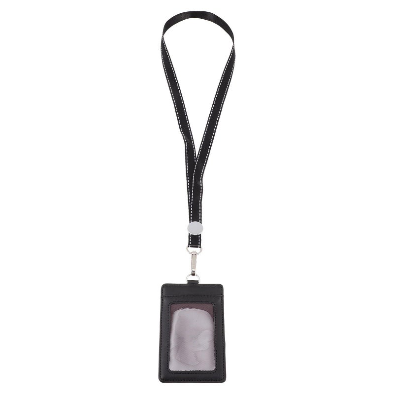 Vertical Leather Badge Holder With Lanyard Protective Card Sleeve For Work And School Black - Image 1