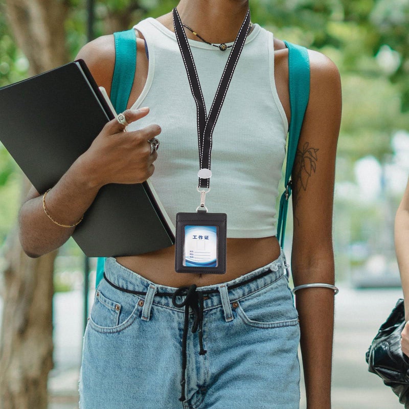 Vertical Leather Badge Holder With Lanyard Protective Card Sleeve For Work And School Black - Image 2