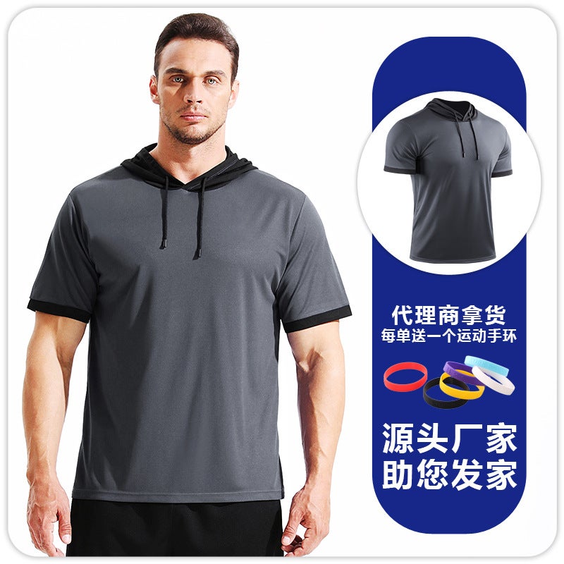 Generic Summer Basketball Hooded Sportswear Running Mountain Climbing Color Matching Fitness T-shirt Quick-drying Comfortable Short-sleeved Training Top Dark gray
