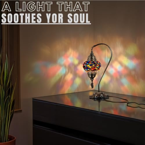 DEMMEX Turkish Table Lamp Moroccan Bedside Light Handmade Tiffany Mosaic Glass Boho Artisan Accent Lighting for Bedroom Living Room, Antique Brass Finish – 15" H, Multicolor - Image 3