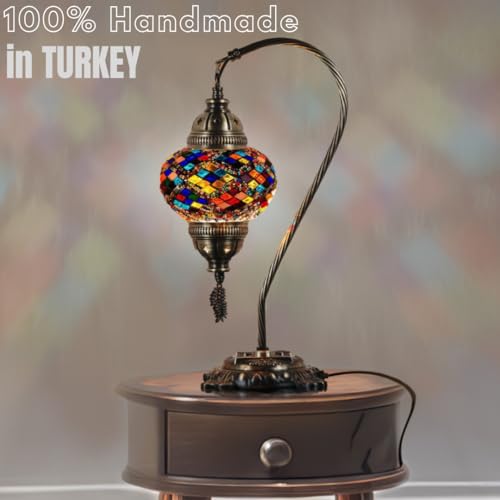 DEMMEX Turkish Table Lamp Moroccan Bedside Light Handmade Tiffany Mosaic Glass Boho Artisan Accent Lighting for Bedroom Living Room, Antique Brass Finish – 15" H, Multicolor - Image 2