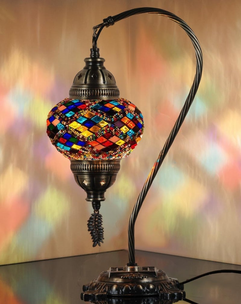 DEMMEX Turkish Table Lamp Moroccan Bedside Light Handmade Tiffany Mosaic Glass Boho Artisan Accent Lighting for Bedroom Living Room, Antique Brass Finish – 15" H, Multicolor - Image 1
