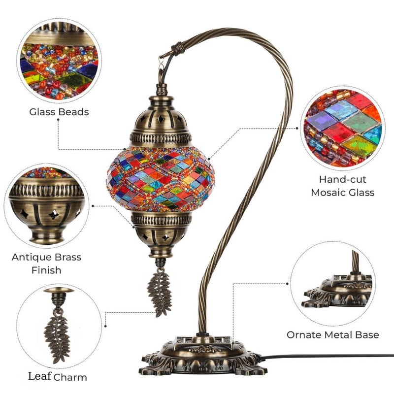 DEMMEX Turkish Table Lamp Moroccan Bedside Light Handmade Tiffany Mosaic Glass Boho Artisan Accent Lighting for Bedroom Living Room, Antique Brass Finish – 15" H, Multicolor - Image 4