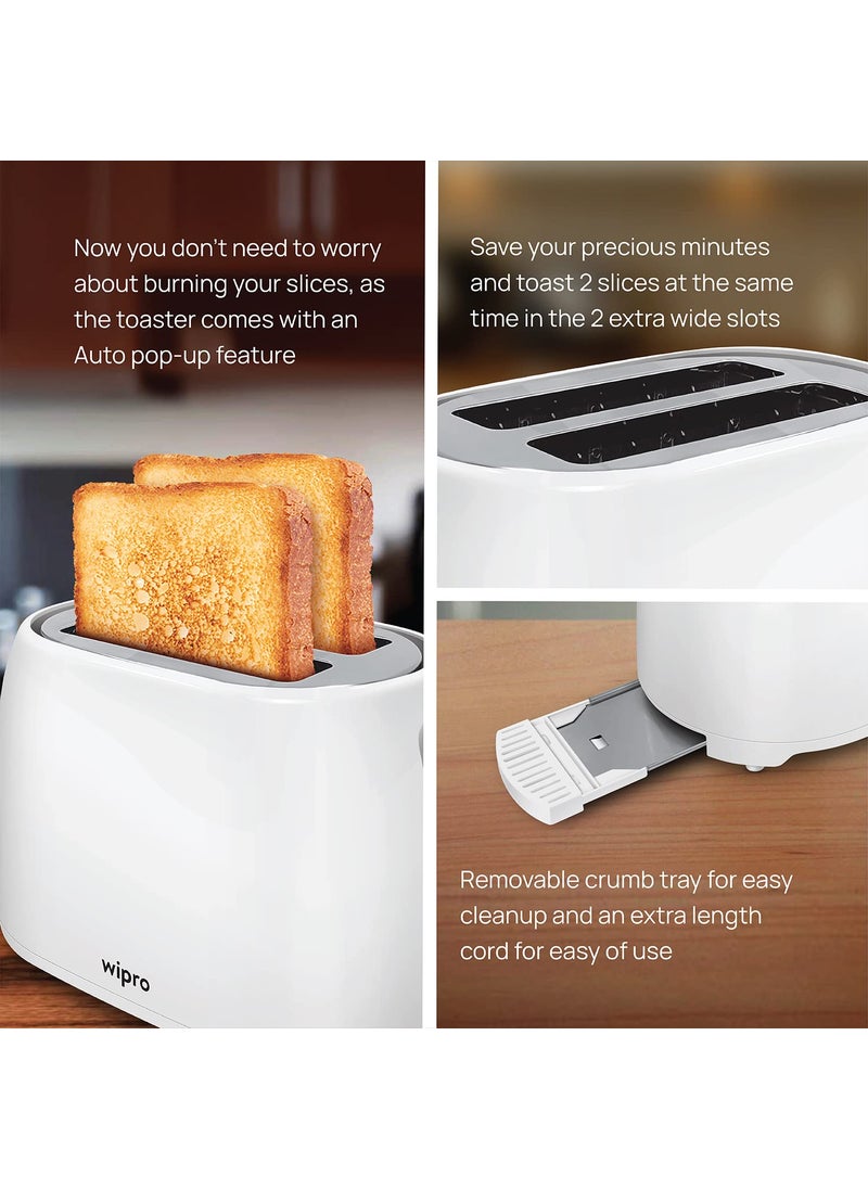 Wipro Vesta Bread Toaster BT101 750 Watts Auto Pop up with Removable Crumb Tray 7 Browning Levels White Standard