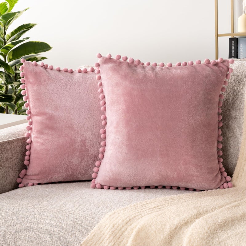 بافيلا بافيليا أغطية وسادة رمي وردية اللون مع POM POM 20x20 مجموعة من 2 حالات وسادة زخرفية لغرفة النوم وسادة رمي الجمالية الصغيرة مجموعة وسادة الفخمة الأوروبية للأريكة الأريكة للأريكة  - Image 1