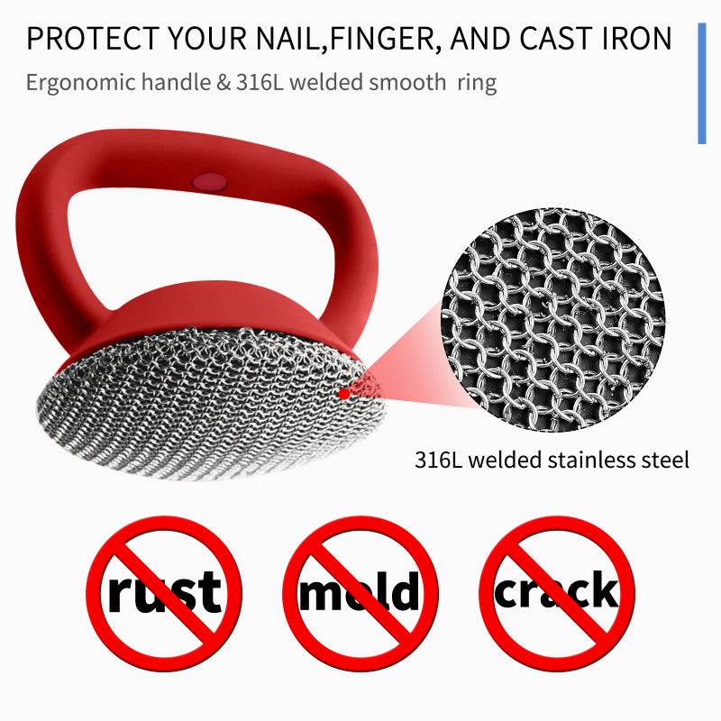 Herda Cast Iron Cleaner Scrubber with Heavy Duty Handle, 3mm Welded Chain Mail Scrubber for Pan Pot Grill- Small Ring Chainmail Grill Scrubber Metal Scrub Sponge Skillet, Oven, Griddle, Wok Cleaning Brush - Image 4