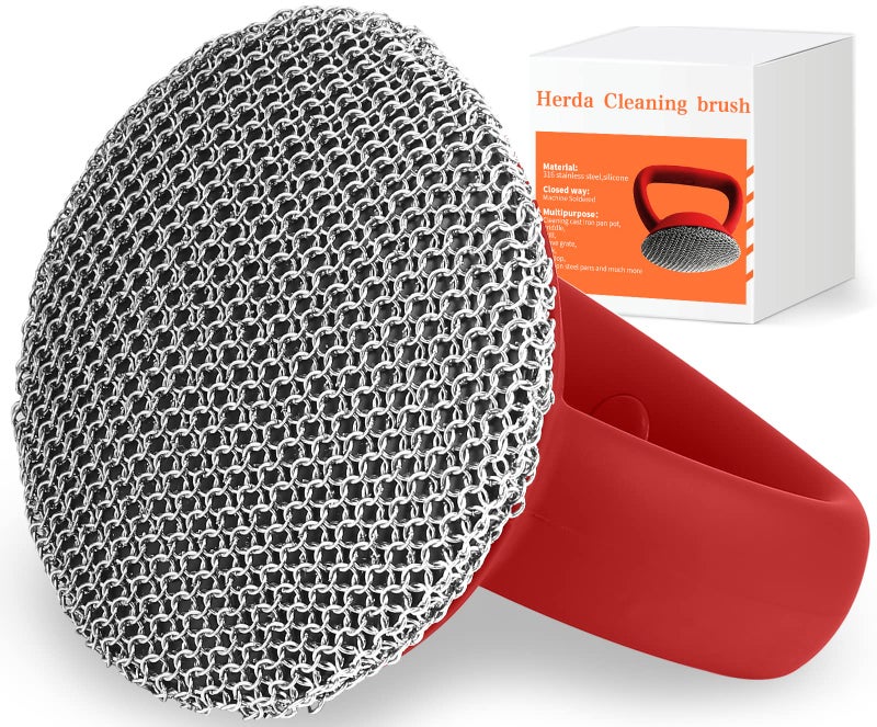 Herda Cast Iron Cleaner Scrubber with Heavy Duty Handle, 3mm Welded Chain Mail Scrubber for Pan Pot Grill- Small Ring Chainmail Grill Scrubber Metal Scrub Sponge Skillet, Oven, Griddle, Wok Cleaning Brush - Image 1