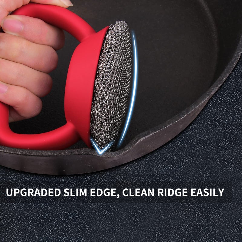 Herda Cast Iron Cleaner Scrubber with Heavy Duty Handle, 3mm Welded Chain Mail Scrubber for Pan Pot Grill- Small Ring Chainmail Grill Scrubber Metal Scrub Sponge Skillet, Oven, Griddle, Wok Cleaning Brush - Image 3