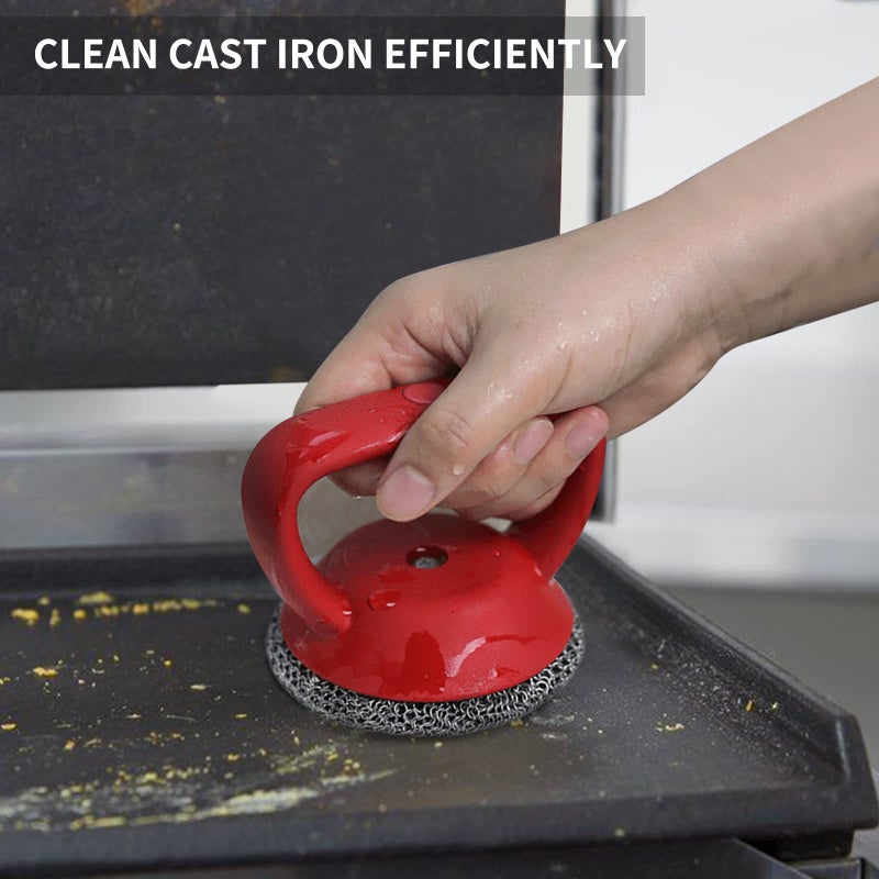 Herda Cast Iron Cleaner Scrubber with Heavy Duty Handle, 3mm Welded Chain Mail Scrubber for Pan Pot Grill- Small Ring Chainmail Grill Scrubber Metal Scrub Sponge Skillet, Oven, Griddle, Wok Cleaning Brush - Image 2