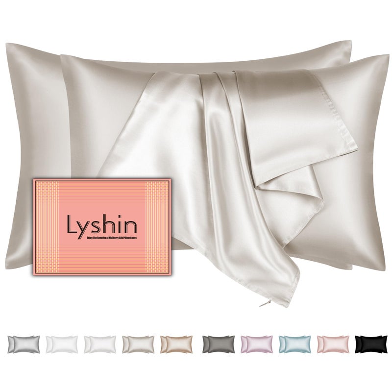 LYSHIN Mulberry Silk Pillow Cases 2 Pack Standard Size 20x26 Inches with Hidden Zipper  Ultra Smooth and Soft Breathable Cooling Silk Satin Pillowcase Set of 2  Better for Hair and Skin  Gifts for Women Men - Image 1