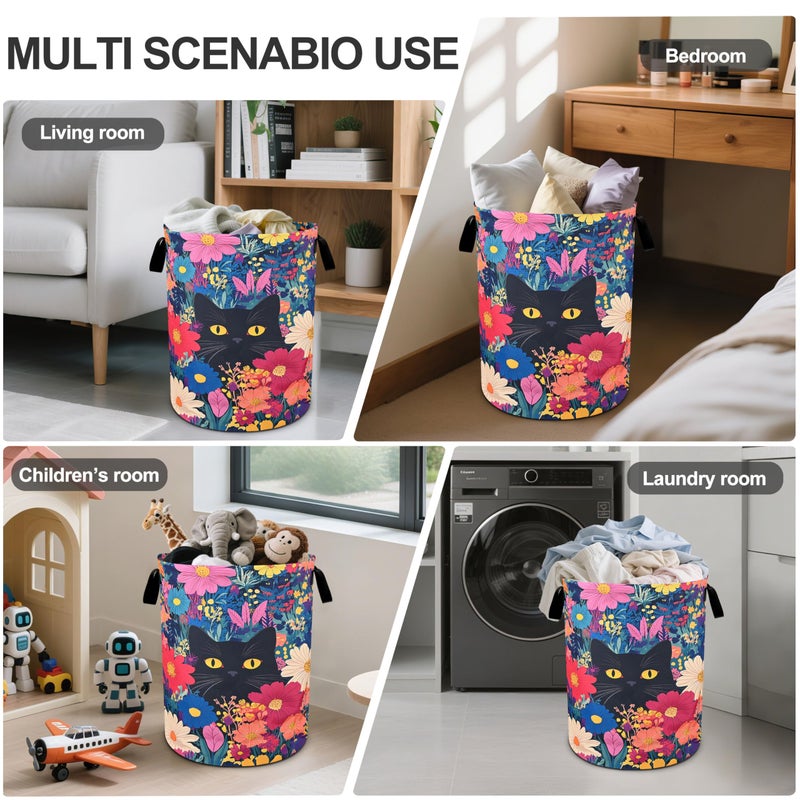 bassyil Black Cat Floral Laundry Basket Foldable Oxford Cloth Tote Bag Laundry Hamper Clothes Storage Bucket Organizer For Bathroom/Laundry Storage/Bedroom 19.6x15.7 Inch - Image 5