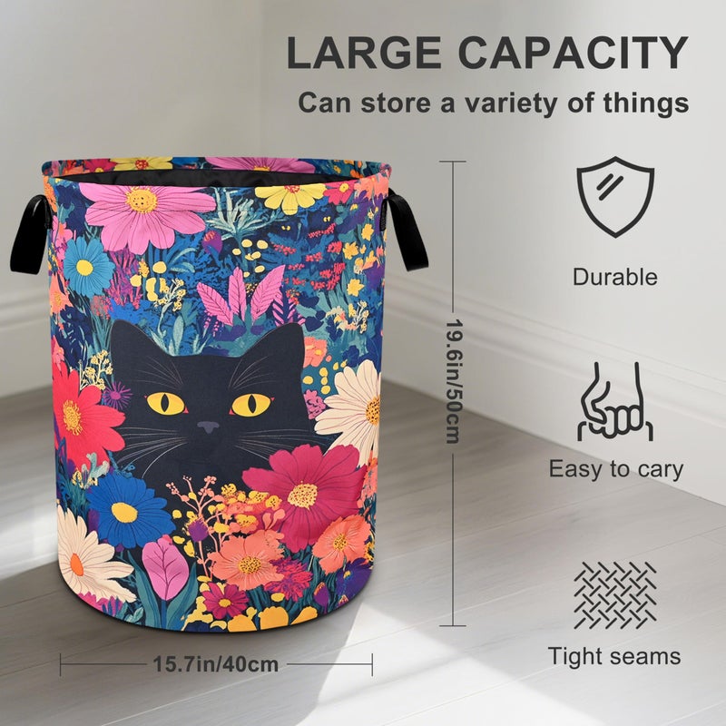 bassyil Black Cat Floral Laundry Basket Foldable Oxford Cloth Tote Bag Laundry Hamper Clothes Storage Bucket Organizer For Bathroom/Laundry Storage/Bedroom 19.6x15.7 Inch - Image 3